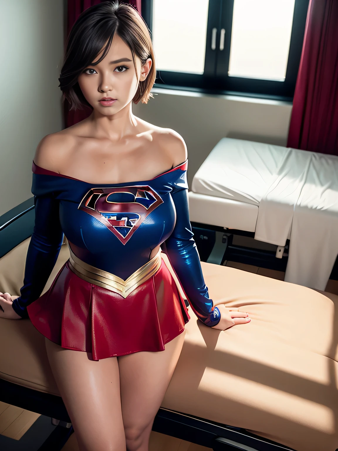 masterpiece、Shorthair Supergirl、centralized treatment room、operating table、Big and ample breasts、Red mini skirt、barefoot、Looking at the camera、Shiny Costumes、Off the shoulder、Long sleeve、Please put your hands on your hipodel Body Type、