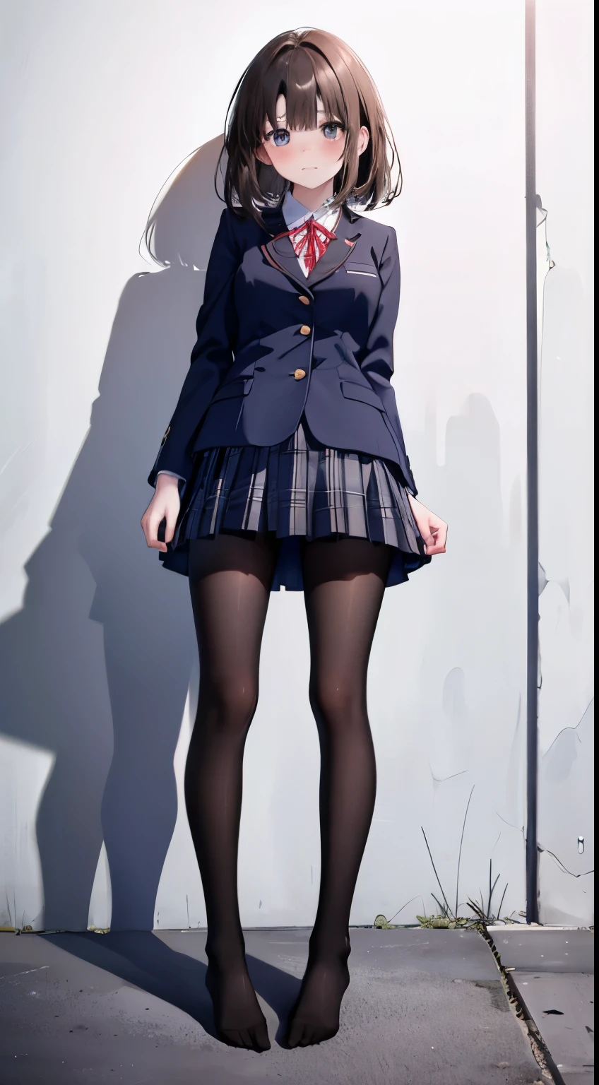 finest, masterpiece, High resolution, (Full body view from head to toe), Composition from slightly below the front, Symmetrical, 18 years old, slim and beautiful girl, alone, (small breasts), (not wearing shoes),Unkempt brown hair, bangs, (black tights), (black pantyhose), tied up with both arms hidden behind the back, , blush, shy big eyes, looking at camera, blazer uniform, plaid pleated skirt、Panties around ankles、Black knee-high socks