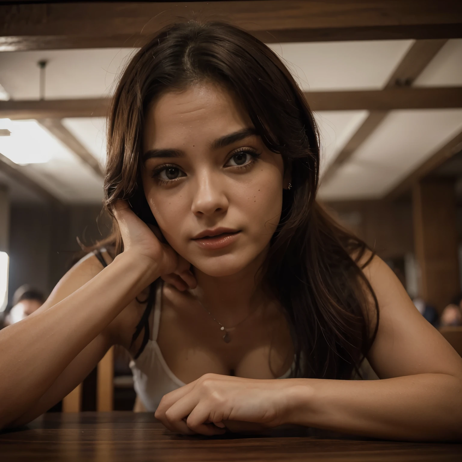 Crie uma imagem de uma mulher sentada a mesa com cara de desespero segurando alguns biletis vencidos.