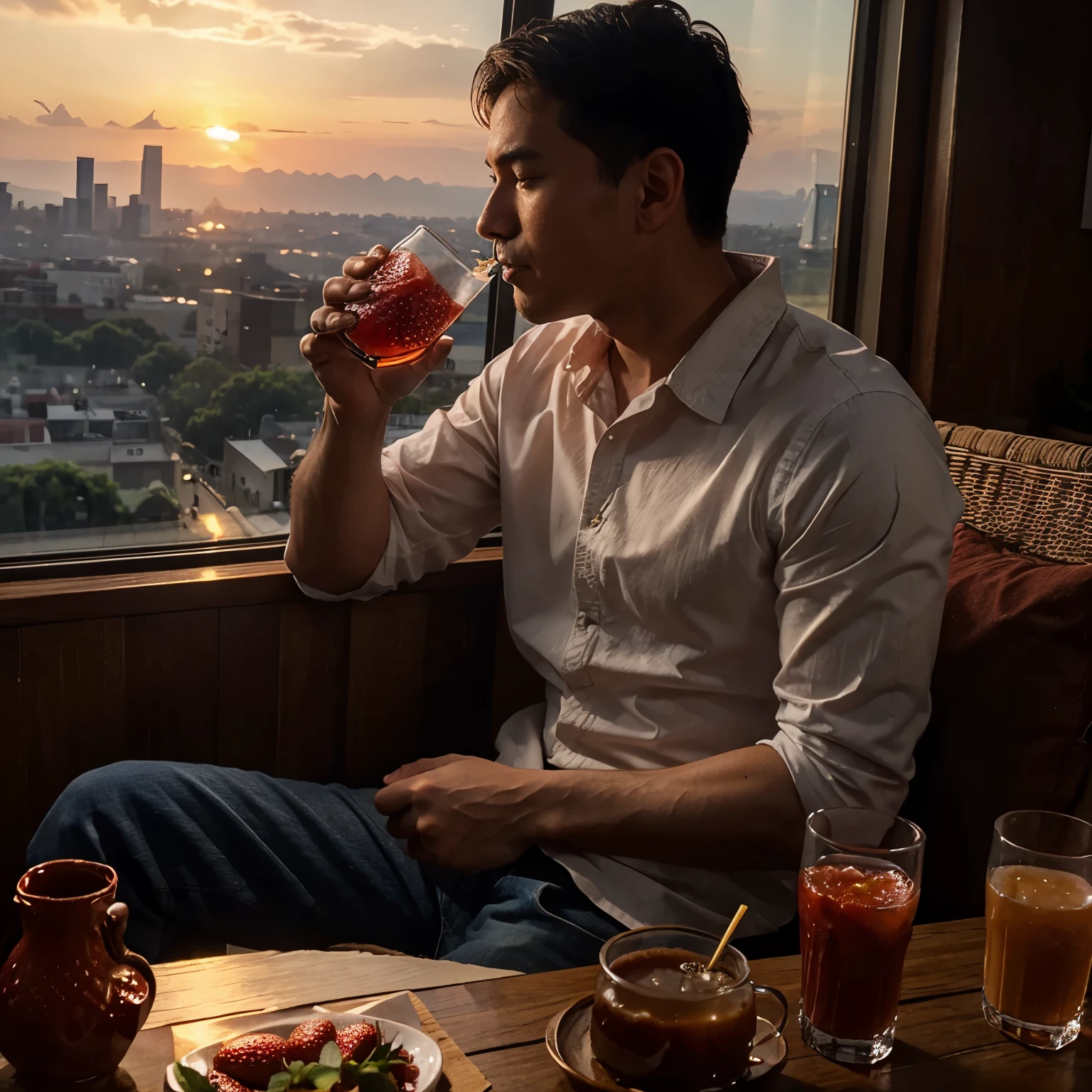 Man drinking strawberry tea while watching sunset landscape