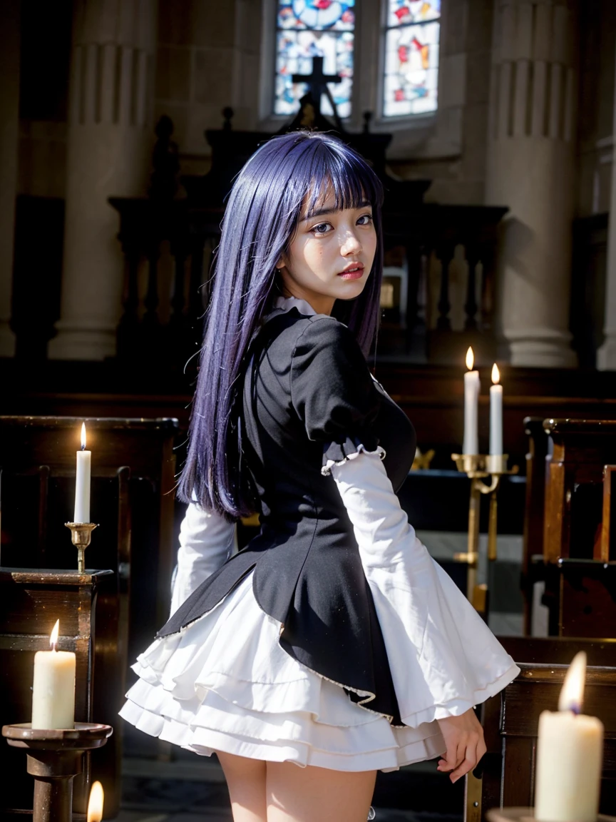(1 lady), (Best quality at best:1.4), (ultra - detailed), (extremely detailed CG unified 16k), A Beautiful Woman with Perfect Figure: 1.4, Sharp Focus: 1.2, purple hair, very detailed, High-definition RAW color photo, professional photoshooting, amazing face and eyes, cosmetics, (amazingly beautiful girl), ((frederica bernkastel)), ((dress, bowtie, mary janes, socks, cat tail, tail bow, tail ornament)), standing, sexyposture,(Dark and stylish cathedral, stained glass, altar, before the altar, candle lights, candle lights:1.3), (look from down), realistic cinematic face, head to feet long wide zoomed out view, full body long view, photorealistic, ((realistic natural purple hair style, purple eyes)), gorgeous, extremely beautiful face, perfect model beauty, pout mouth, Highly Detailed Face and Skin Texture, Detailed Eyes, Double Eyelids, Big Breasts, Smile, flirting smile, cleavages, western, (masterpiece), best quality, high resolution, extremely detailed, blurred background, depth of field, cinematic lighting, amazing legs, high heels, clear and well-cared skin,