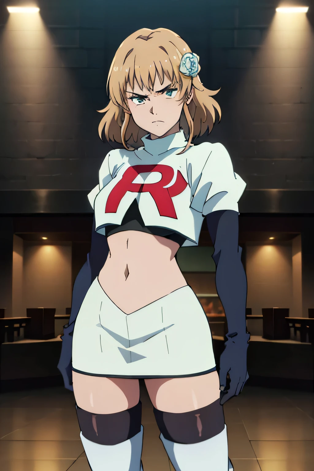 (best quality,4k,8k,highres,masterpiece:1.2),ultra-detailed,realistic,photorealistic:1.37, vibrant colors, studio lighting, bokeh, portrait,team rocket, team rocket uniform, red letter R,white skirt, white crop top, black thigh-high boots, black elbow gloves,zettai ryouiki glaring angrily,anime style, vivid colors, sharp focus, intense lighting,,natalia lkl,hair flower