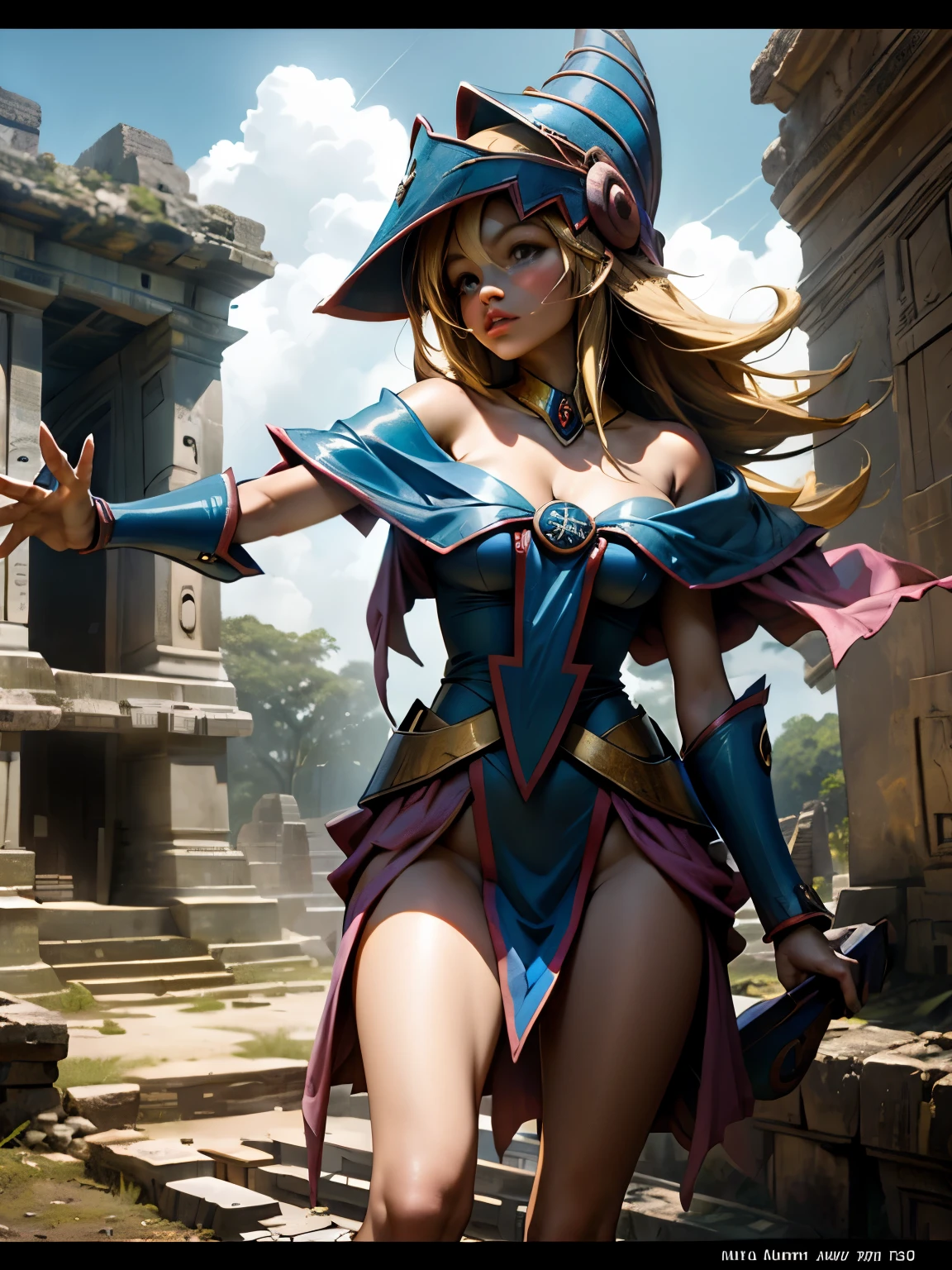 Maga oscura en una ruinas mayas. Ella las sobre vuela. She is in the Aires and sees some Mayan ruins