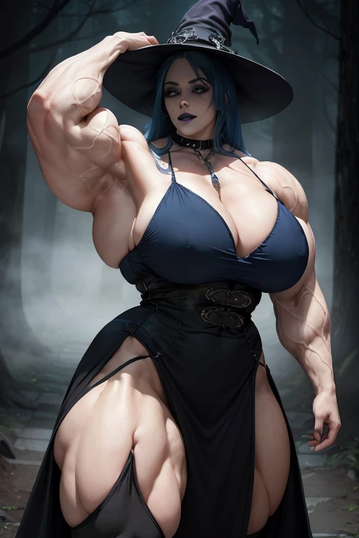 (((((Massive, tall, beautiful, buff, pale white skinned, muscular woman with royal blue hair, black lipstick, ginormous bulky muscles and wearing a beautiful gothic dress with a witch hat))))), (close view), black eyeliner, (massive muscles), massive biceps, hyper muscle triceps, (long curly wavy hair), white eyes, (thigh high stockings), high heel boots, in the spooky forest, nighttime, surrounded by souls, evil smile, hyper muscles arms, hyper muscle legs, massive buff arms.