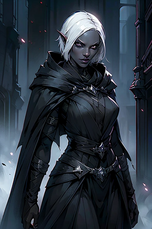 Drow, dark clothes, dark cloak, black eyes, white hair, short hair, 1girl, character art, urban background, beautiful image, anatomically correct, award winning, official art, digital art, dungeons and dragons.