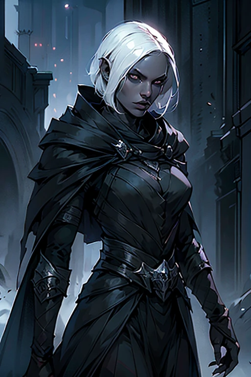 Drow, dark clothes, dark cloak, black eyes, white hair, short hair, 1girl, character art, urban background, beautiful image, anatomically correct, award winning, official art, digital art, dungeons and dragons.