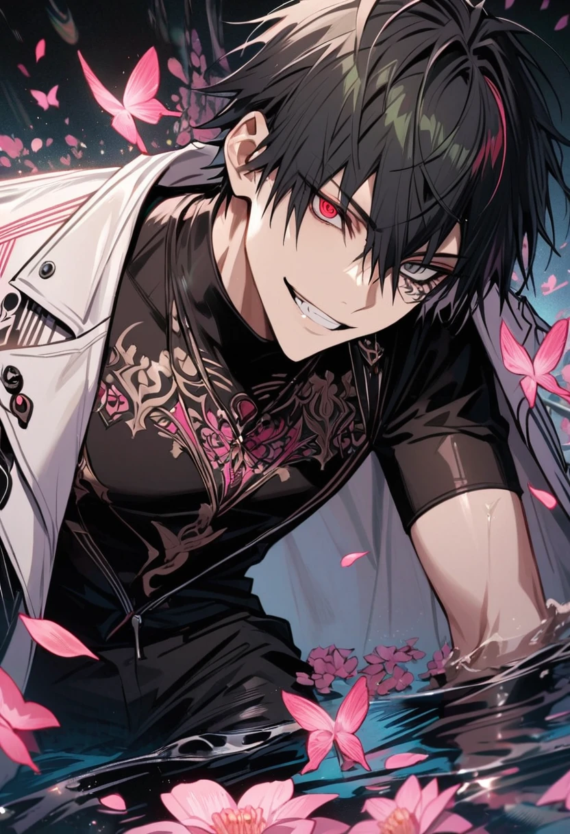 Ultra detailed, Highres, absurdres, Yamada Ichiro, black hair, left eye is green, right eye is red, white long coat with patterns, hypnosis mic, pink flowers, petals, extremely handsome, sexy man, solo, very detailed eyes and face, black gloves, water, black pants, pink butterflies, black tight t-shirt, grin,