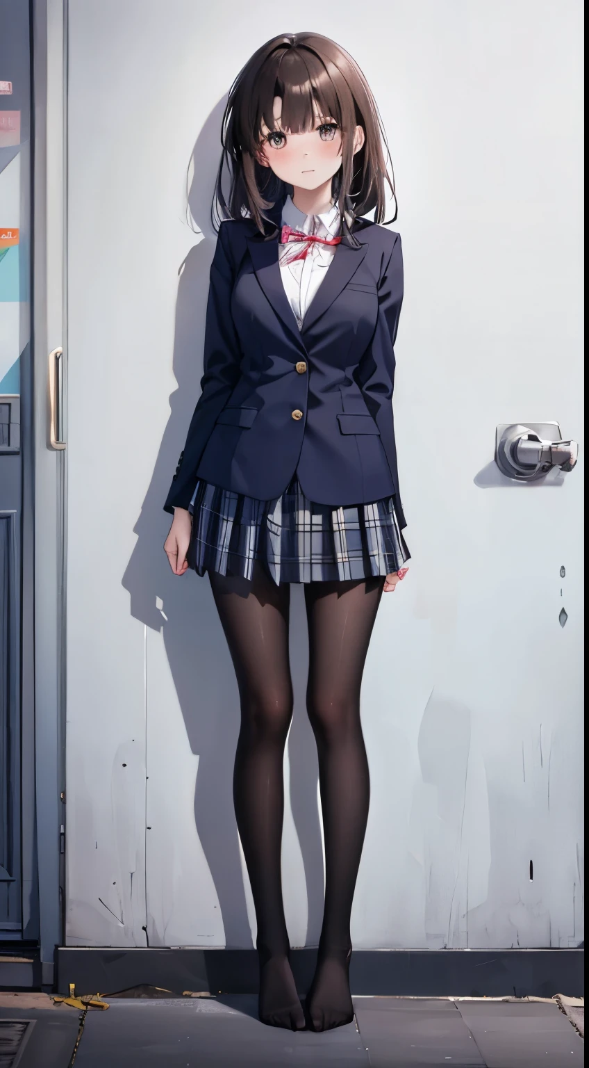 finest, masterpiece, High resolution, (Full body view from head to toe), Composition from slightly below the front, Symmetrical, 18 years old, slim and beautiful girl, alone, (small breasts), (not wearing shoes),Unkempt brown hair, bangs, (black tights), (black pantyhose), tied up with both arms hidden behind the back, , blush, shy big eyes, looking at camera, blazer uniform, plaid pleated skirt、Panties around ankles、Black knee-high socks