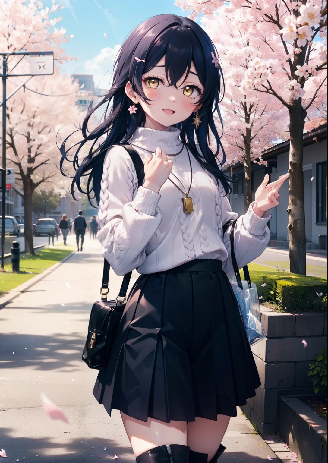 You are so kind, umi sonoda, Long Hair, Blue Hair, (Yellow Eyes:1.5) (Flat Chest:1.2),happy smile, smile, Open your mouth,Rocket Pendant,
sweater,Long skirt,Mini Boots,Cherry blossoms are blooming,Cherry blossoms are scattered,Cherry blossom tree-lined path,happy smile, smile, Open your mouth,So that the whole body goes into the illustration,smile,blush, break looking at viewer, (Cowboy Shot:1. 5) break outdoors, School　School building, break (masterpiece:1.2), highest quality, High resolution, unity 8k wallpaper, (figure:0.8), (Detailed and beautiful eyes:1.6), Highly detailed face, Perfect lighting, Extremely detailed CG, (Perfect hands, Perfect Anatomy),