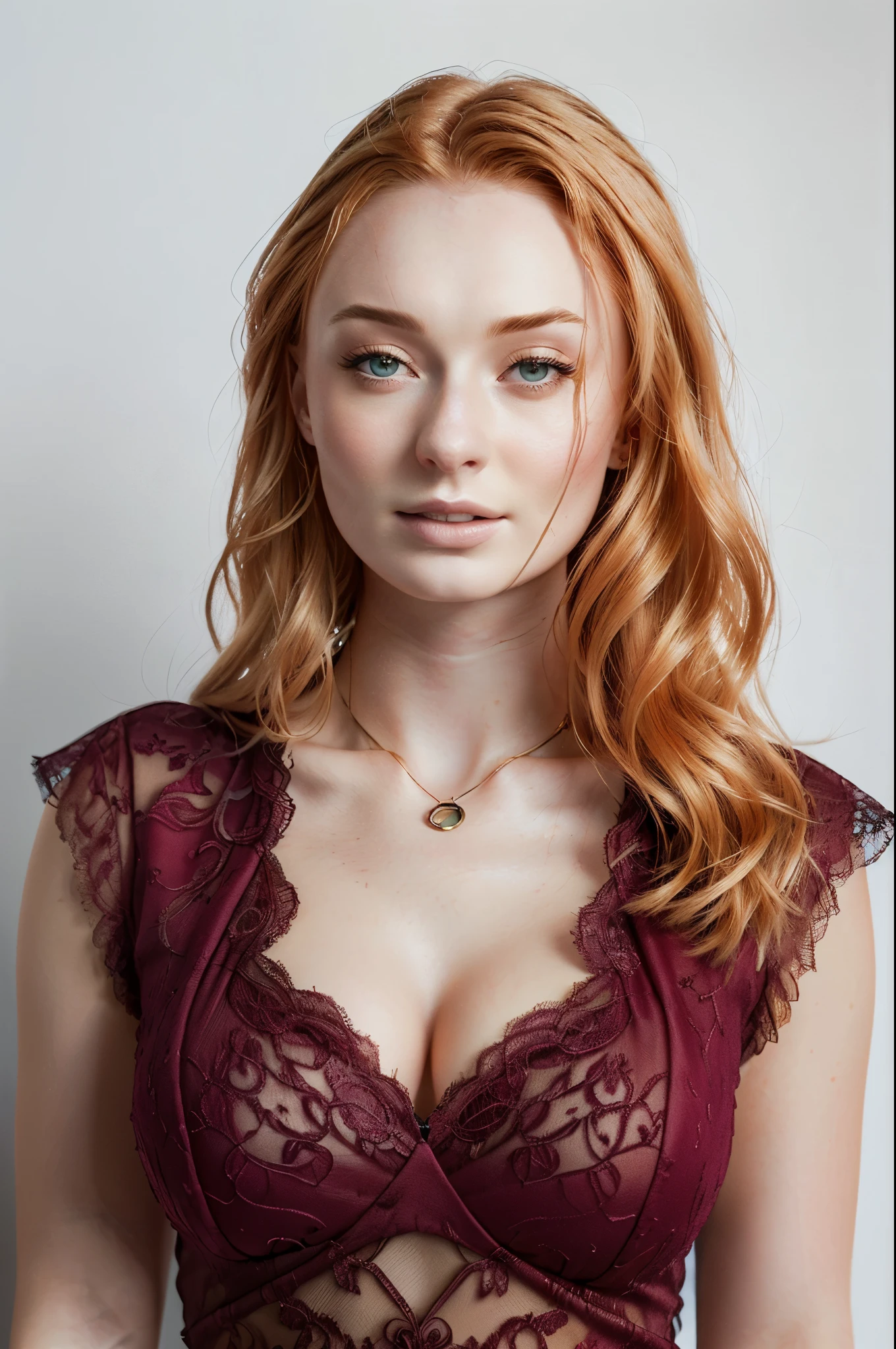 Face of Sophie Turner, Sansa Stark played by Sophie Turner, the de facto Lady of the Eyrie, is a 40-year-old mature queen with a stunning, alluring appearance. Full Face, reddish lips, full body shot, erotic Mediaeval lingerie, game of thrones lingerie. Sweet expression, spreading legs, without panties, full body, big breasts, see-through lingerie