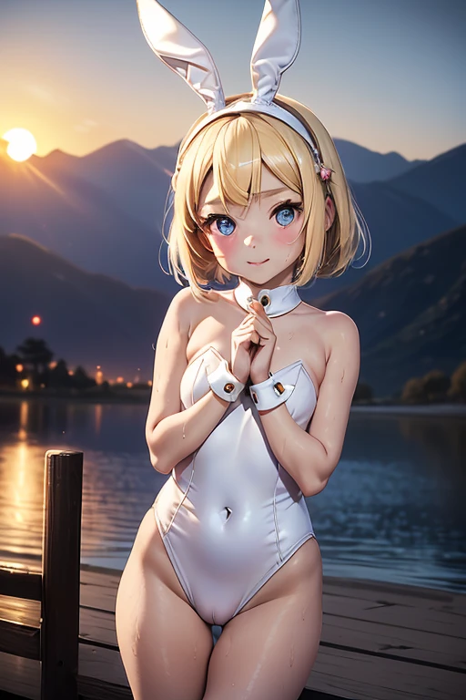 Photo of beautiful jpn-girl, masterpiece, 1 girl,
((,LOLI-CON:1. Cyborg girl with blonde bob hair and blue eyes, (blonde bob hair:1.2),seductive smile, (white highleg playboy bunny:1.2) , (white bunny ears headband: 1.2), (crescent moon sunset:1.3), on the observatory, lakeside, mountains in the distance, (wet,sweating:1.2), (cowboy shot), (camel-toe:1.2) , perfect finger, perfect digits, 