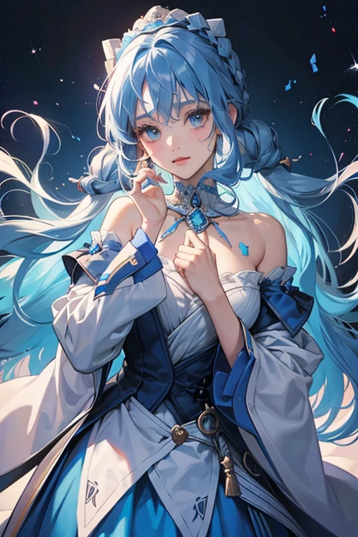 Her complexion is azure, and she has long, straight, alice blue hair which curls inward at the ends. Two noticeable and symmetrical locks of her hair curl and point inwards towards her face just below her cheekbones. A unique feature of her hair are two lengths of that lead from each side of her head and physically connect on her chest just below her gem, giving it an almost shawl-like appearance. She has a long ovoid face, a full upper lip, and a straight nose. SPARKLE; GLITTER