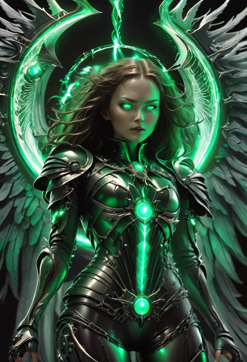 In the darkness, a woman's figure is illuminated by a circular light that frames her head, young  cyborgetic angelic female, complete body, Caucasian skin, short,  body, bio cyborg body, show cleavage, bio cyborg arm's, curved lips, long fire hair, bio cyborg legs, battle Valhalla background,  ultra detailed lighting, larg anglic wings,  ultrarealistic, 8k, neon plasmic emerald eyes,