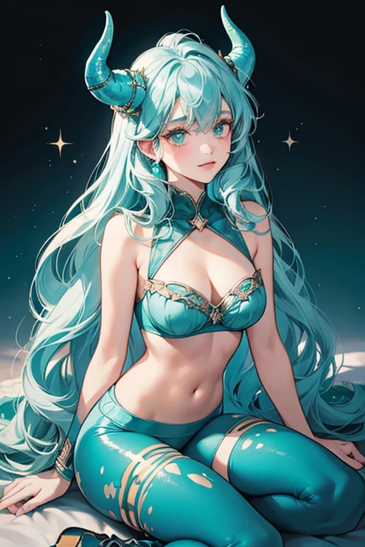 She has three horns located on her head. She has an ice blue and olive complexion with peach blotches and long, curly, light dull blue colored hair. She wears a dark teal bra, a pair of dark teal leggings and a pair of light teal boots. Her gemstone is located on her navel, also ice blue with peach blotches. . SPARKLE; GLITTER