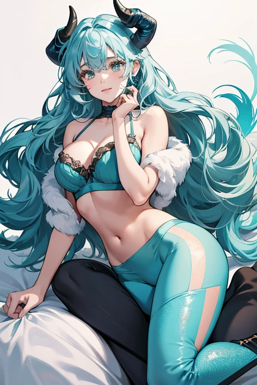 She has three horns located on her head. She has an ice blue and olive complexion with peach blotches and long, curly, light dull blue colored hair. She wears a dark teal bra, a pair of dark teal leggings and a pair of light teal boots. Her gemstone is located on her navel, also ice blue with peach blotches. . SPARKLE; GLITTER