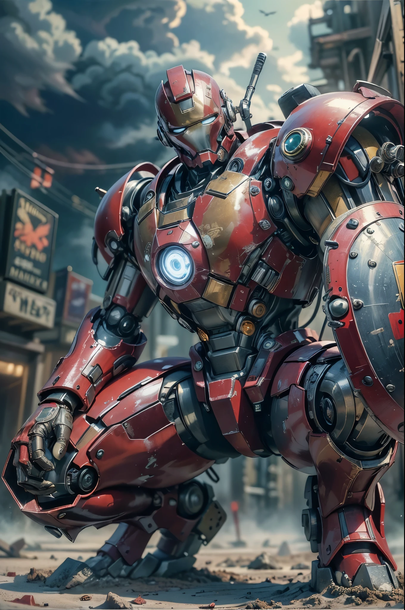 (Masterpiece, Best Quality, photorealestic:1.4), facing forward, seen from below, (UHD, 8k wallpaper, High Resolution), japanese girl as a cyborg war mechine in a cyborg military with heavy armor (hold a shield on her forearm:1.4), intricate detailed bodywork, messy red hair, detailed beautiful face, very tight musculature, sittin on crouch, dynamic pose, sharp expression. Against the backgroind of a ruined New York City, dressed in red black cyborg military armor is like ironman armor, Oppressive atmosphere, postapocalypse, photon mapping