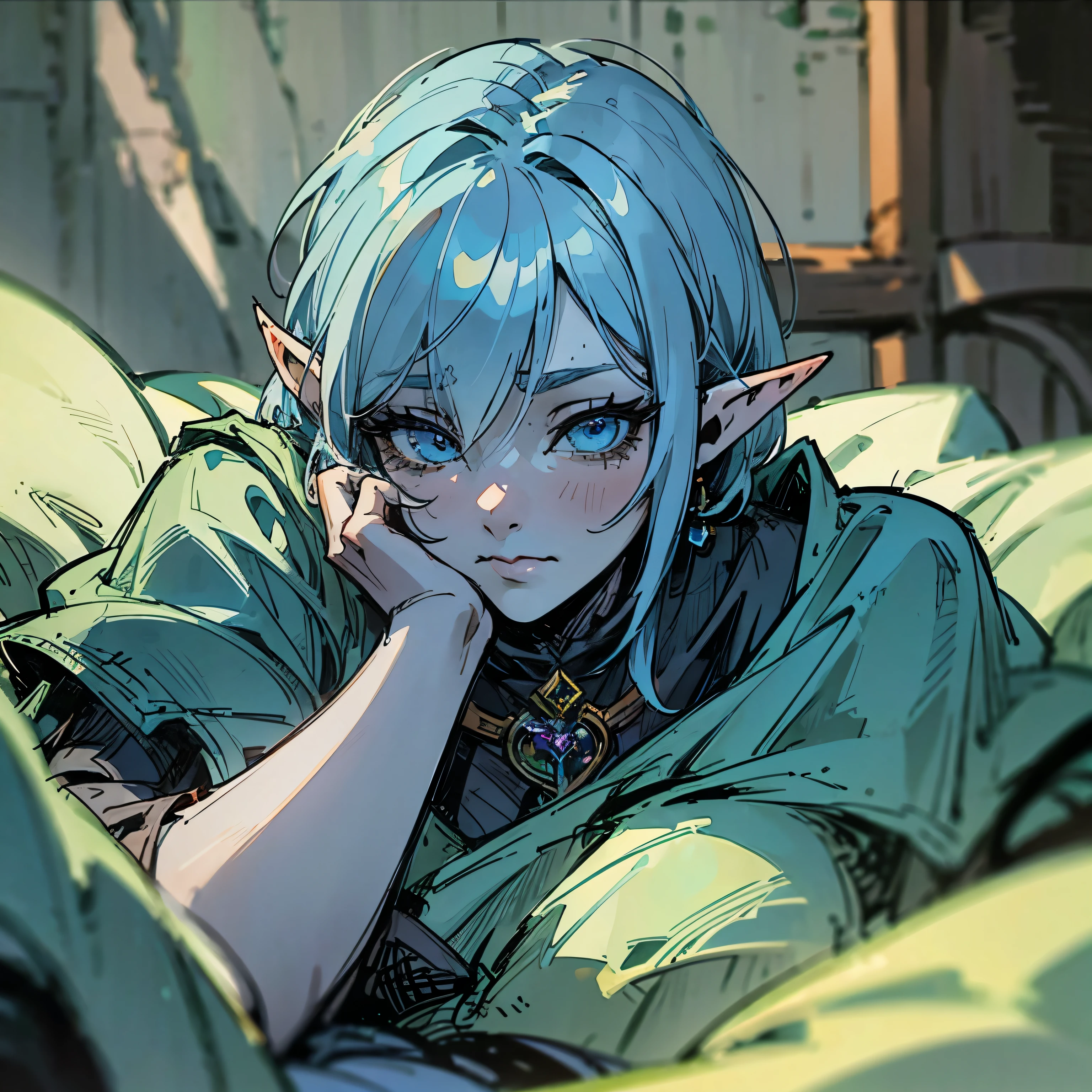 Lying next to you in bed, Cleddyf the elf,Strong Female elf, wearing casual dress, short light blue hair, short, neutral look, blank smile, emotionless[Face close up, detailed face, attention to face, realistic anime], dark fantasy, medieval fantasy