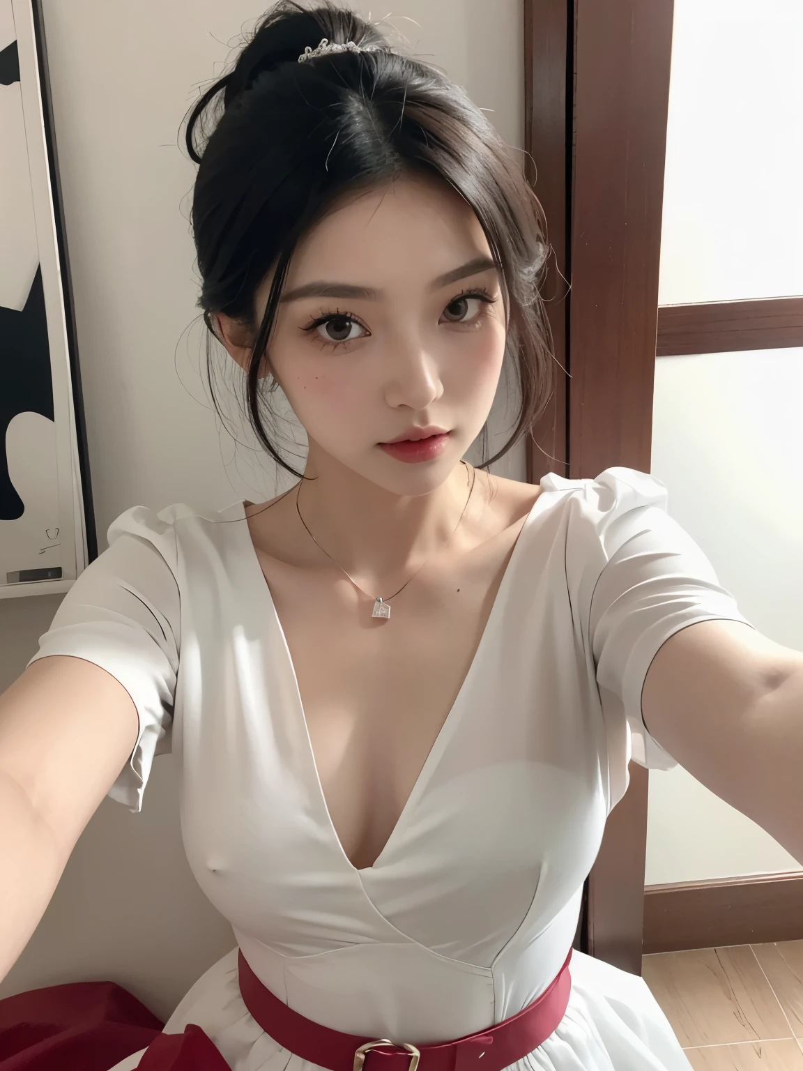 Kim jennie con el cabello negro oscuro, con rulos en las puntas del cabello negro oscuro, con un ganchito de estrella en el cabello negro oscuro, ojos de color claro, ojos bonitos, ojos llorosos, nariz bonita y respingada, labios bonitos, labios rosas, heart and cupid shaped lip, piel bonita, pale, piel blanca, con lunares y pecas en todo el rostro, rubor rosa suave en las mejilla, rubor rosa natural, maquillaje suave y rosa, jennie, cuellos bonito, cuello marcado, frown, mirada enojada, con un collar de beso, un collar bonito de beso, mientras tiene un traje de Yumeko Jabami, cospaly de Yumeko Jabami, mientras tiene una camisa blanca, con tiene un traje de color rojo encima de su camisa blanca, apretado a su cuerpo, con una falta negra corta mientras tiene el abdomen desnudo, delgado, marcado y bonito, (pechos grandes, pechos suaves, pechos bonitos, pechos naturales), mientras esta haciendo cospaly del personaje Yumeko Jabami, del anime Kakegurui, mirando a la camara, autofoto, selfie bonita