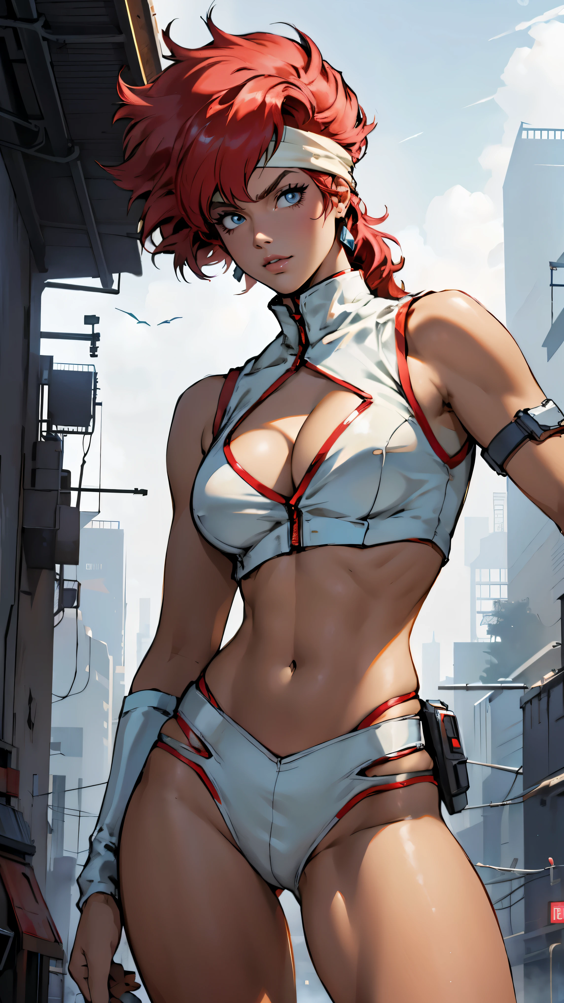 ((Masterpiece, highest quality; 1.3)), super quality, beautiful detail, super detailed, extra fine, 16K, exquisite, absurd, high resolution, beautiful background, detailed background, beautiful eyes, beautiful skin, anime style, Kay from Dirty Pair in a white outfit, tight outfit, cleavage, bushy redhead beauty, very light blue uniform, wearing tight clothes, skimpy, (mid chest: 1.2), cleavage, cleavage, , slim waist, slim thighs, thigh gap, showing stomach, skinny, thin hips, cyberpunk city background, retro space gun holding, headband,