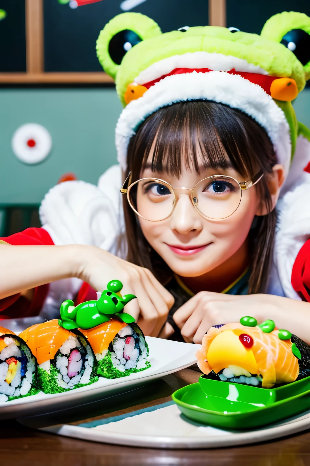 ((masterpiece)), highest quality, (8k, highest quality, masterpiece: 1.2), A cute Russian-Japanese girl eating conveyor belt sushi、Round Glasses、A stuffed frog is on the table、