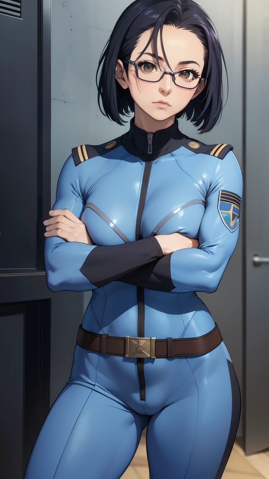 (masterpiece, best quality:1.2),(photoreal),perfect anatomy,solo, 1 middle  woman, (Niimi Kaoru),(looking at viewer),(full body shot),((small breasts:1.4)),((saggy breasts:1.2)),((muscular:1.7)),((do not hide your crotch)),((do not show your skin)),(cod lips),holding head high,((Standing)),((Army rest pose:1.5)),hairclip, glasses,((full covered body suit)),ultra thin fabric jump suit, uniform,belt,sharp focus,