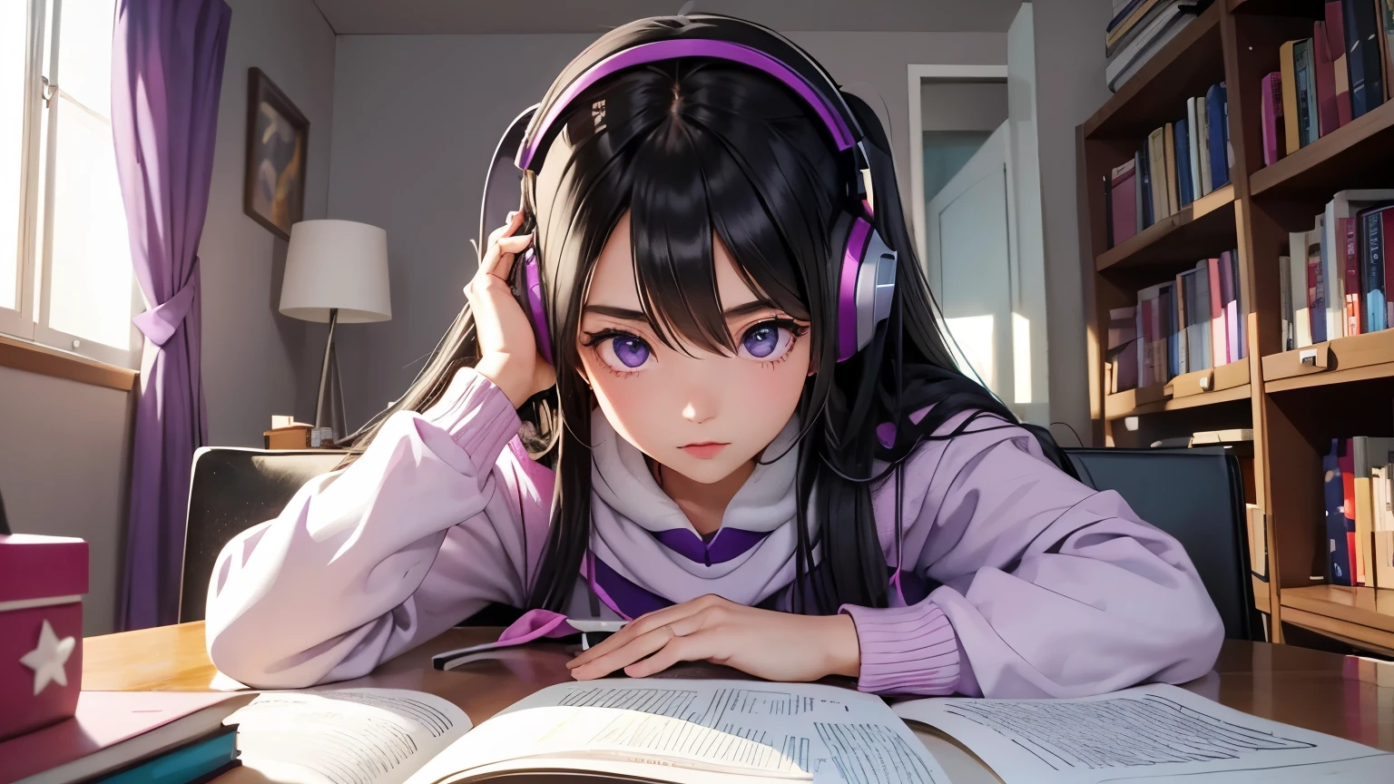 Create an image of a girl with long black hair wearing headphones. This girl must have her eyes focused on a book in a room. The colors of the environment behind this girl should include shades of purple, pink, white and blue.