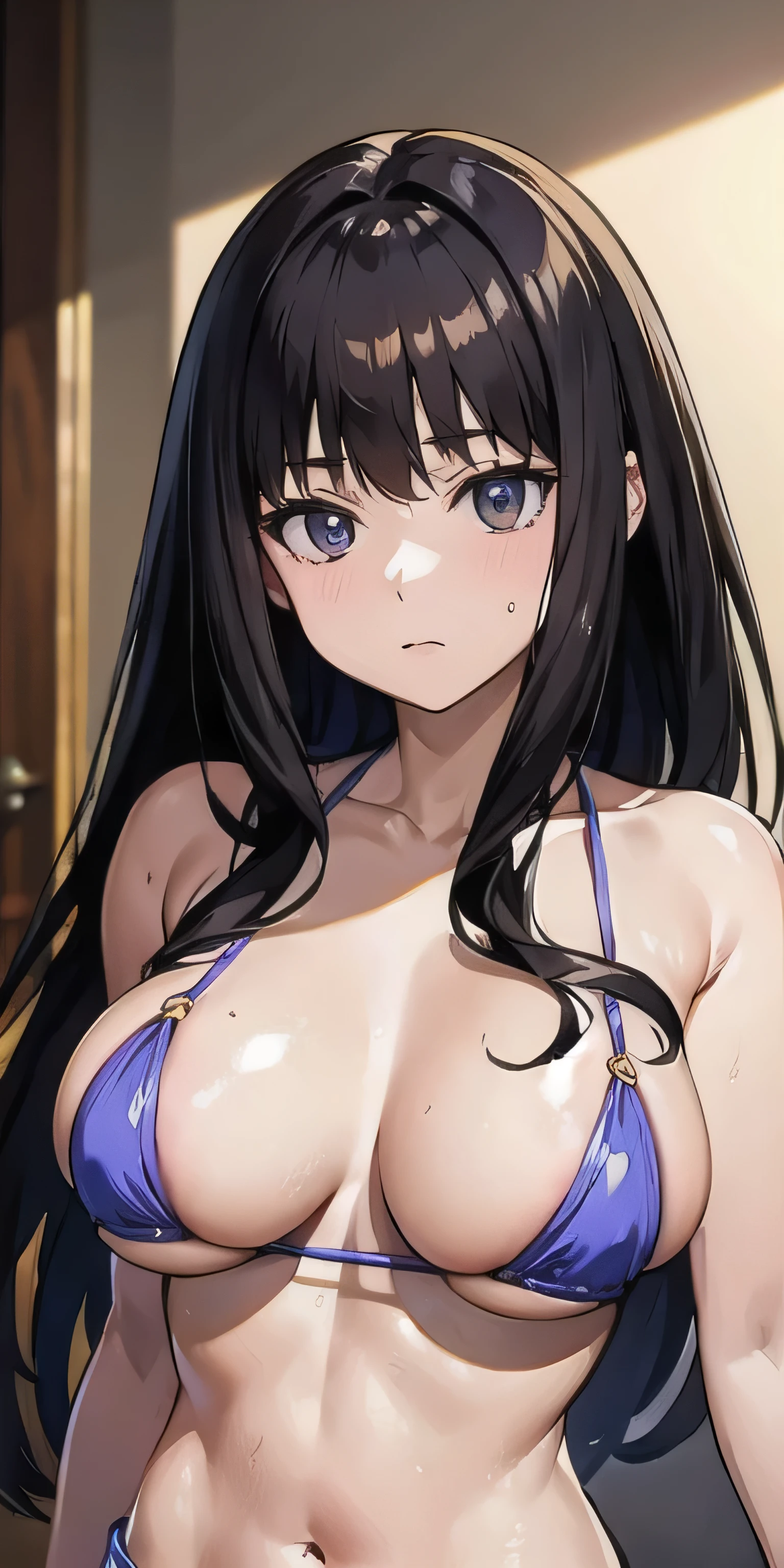 (masterpiece, best quality, highres, UHD, perfect pixel), Inoue Takina, Long hair, Bangs, Black hair, (Purple eyes:1.2), medium breasts, indoor, bedroom, dynamic pose, busty, perfect body, POV, blushing, (cleavage:0.8),(goldmetalic ultra microbikini)