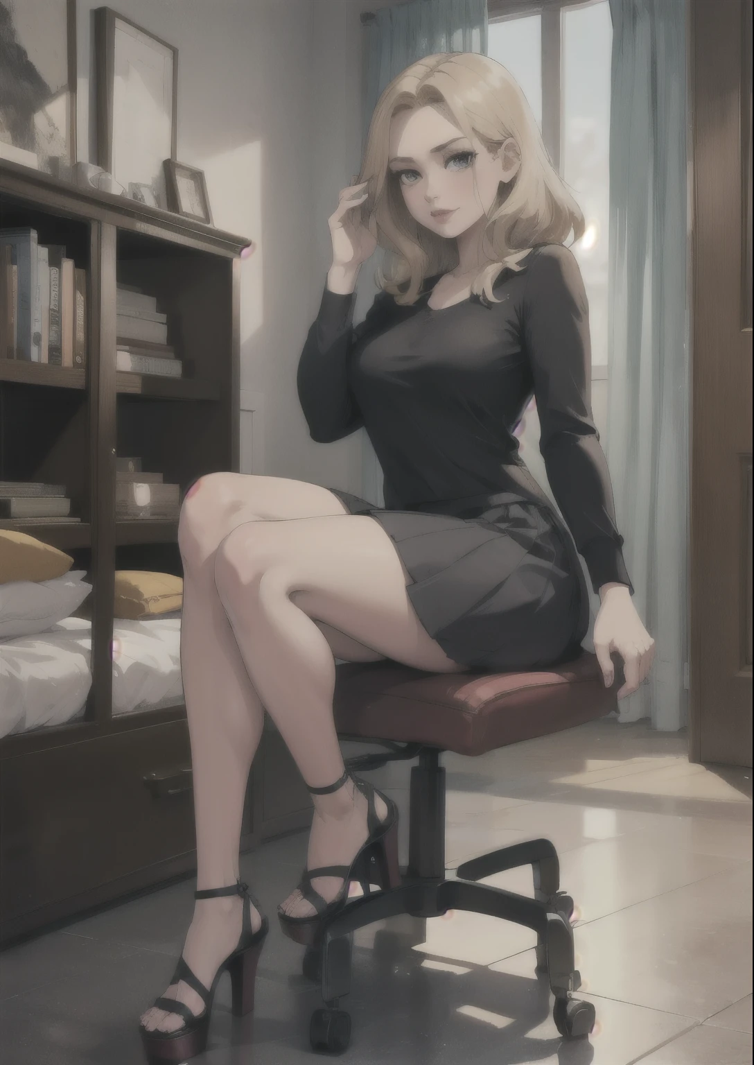 Blonde woman in a blue dress and high heels sitting on a windowsill, Atractiva chica gato, Hermosa Catgirl de anime, Catgirl, Anime Catgirl, Muy hermosa chica gato anime, tacones altos. Estilo anime en Pixiv, seductora chica de anime, Pintado en Anime Painter Studio, muy hermosa linda Catgirl, The anime girl is crouching, Hermosa joven Catgirl