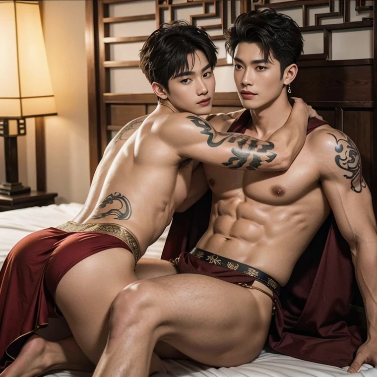 Two handsome boys kissing, smiling at each other, catching eyes ,hugging, kissing, touching lips, cuddle, romantic,skin ship, Chinese Men God, Mythology, realistic, Chinese odyssy, super Handsome,manly, kpop idol, handsome korean actor, 20 years old,, detailed face, manly jawline, detailed mess curly styling hair, Topless, Muscles, big breast Athlete body, Full Frame,full body shoots, Sexy, realistic, human skin, tattoo breast, Professional studio Lighting, long red tibet wedding Outfit, jade and golden pendent all over , detailed jewery in dress, earings,Chinese ancient wedding Background,out door, super detailed background,look at camera , open mouth, sexy Underneathe Underwear, tibet Warrior, Hanfu red wedding dress, tibet Male, tibet Nobel, Seduce , bare chest , tattoo chest, tattoo arms, tattoo hands, tattoo back, tattoo legs , detailed tattoos, big juicy butts, bare butts