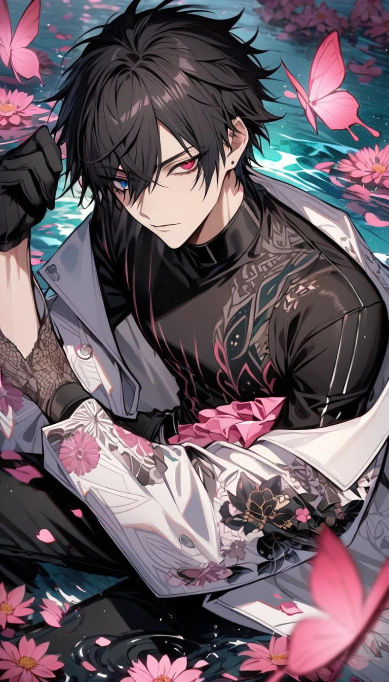 Ultra detailed, Highres, absurdres, Yamada Ichiro, black hair, heterochromia, left eye is green, right eye is red, white long coat with patterns, hypnosis mic, pink flowers, petals, extremely handsome, sexy man, solo, very detailed eyes and face, black gloves, water, black pants, pink butterflies, black tight t-shirt, 