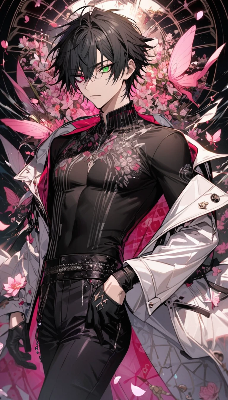 Ultra detailed, Highres, absurdres, Yamada Ichiro, black hair, heterochromia, left eye is green, right eye is red, white long coat with patterns, hypnosis mic, pink flowers, petals, extremely handsome, sexy man, solo, very detailed eyes and face, black gloves, water, black pants, pink butterflies, black tight t-shirt,