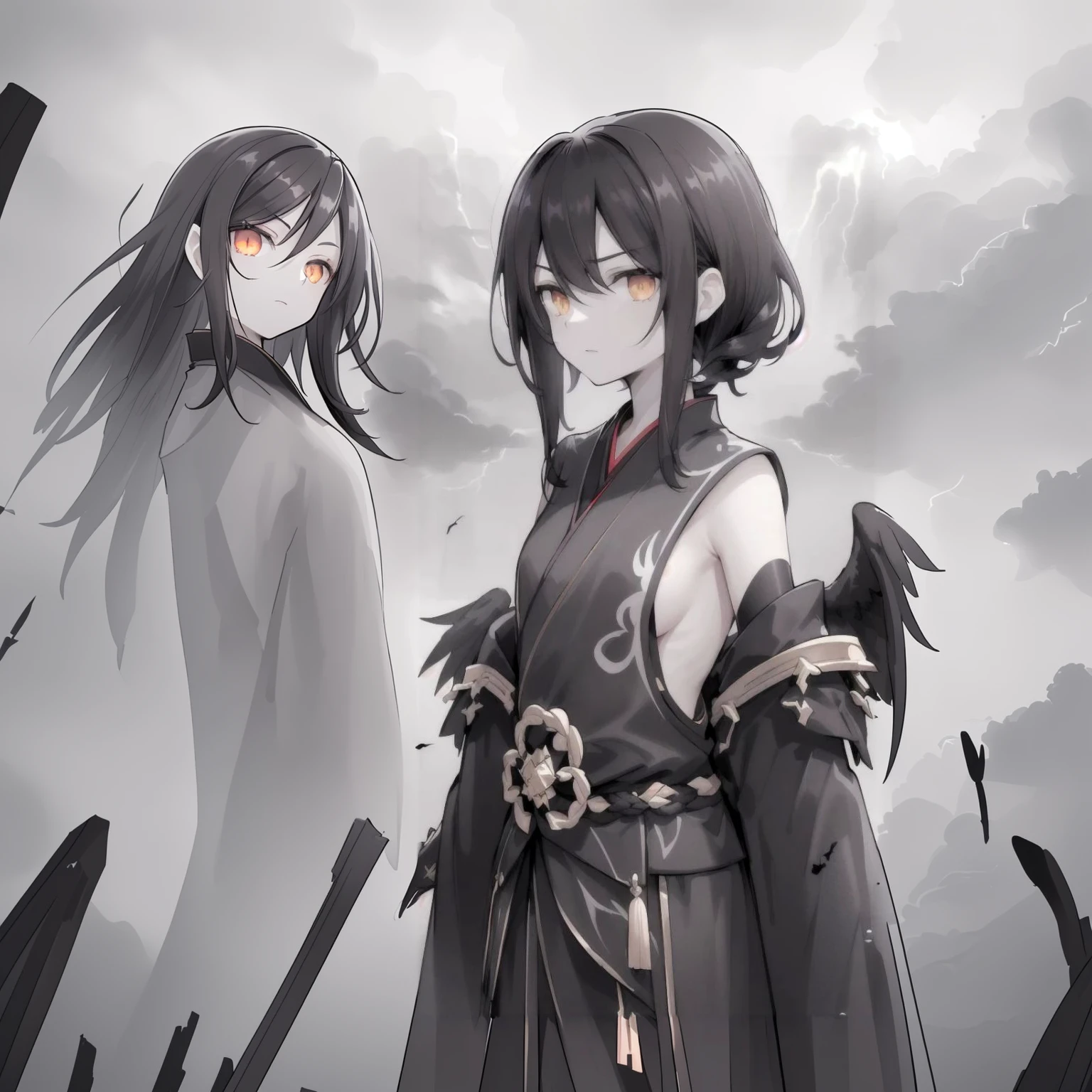 (dark hair,short black hair),(golden eyes),(black hanfu,black armor),(ink black longsword),(ravens),(high contrast,monochrome,black and white),(mystery,ominous),(stormy atmosphere,thunderstorm),(dramatic lighting),(detailed textures),(dynamic pose),(dark background)