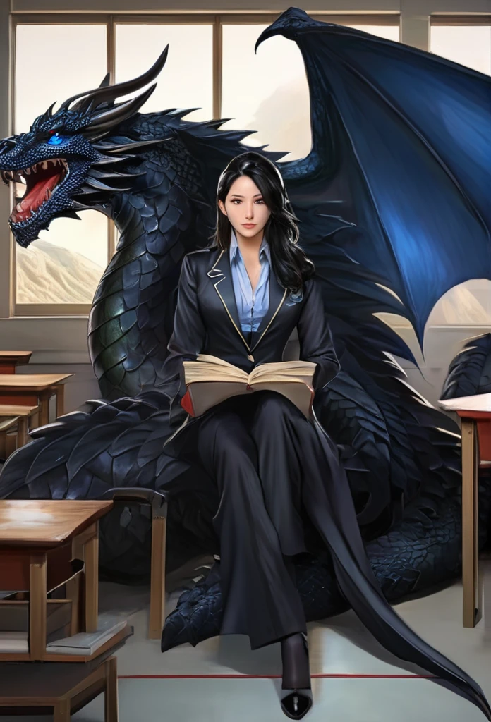 Big black dragon,Woman sitting in front,masterpiece, high quality, 最high quality, beautiful, High resolution, Realistic, Perfect lighting, Detailed face, Detailed body, 1 person, Black Hair, blue eyes, Masculinity, Suit Uniform, (Dull expression: 1.5) (Face Natural: 1.5), sitting in classroom