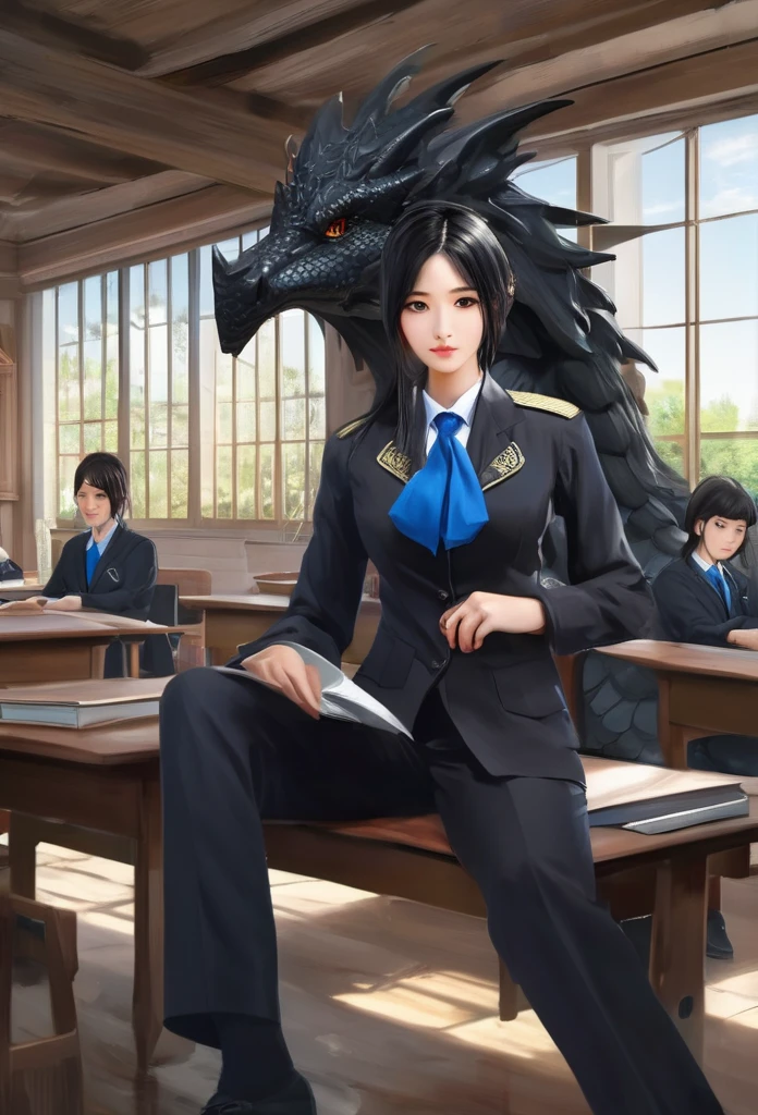 Big black dragon,Woman sitting in front,masterpiece, high quality, 最high quality, beautiful, High resolution, Realistic, Perfect lighting, Detailed face, Detailed body, 1 person, Black Hair, blue eyes, Masculinity, Suit Uniform, (Dull expression: 1.5) (Face Natural: 1.5), sitting in classroom