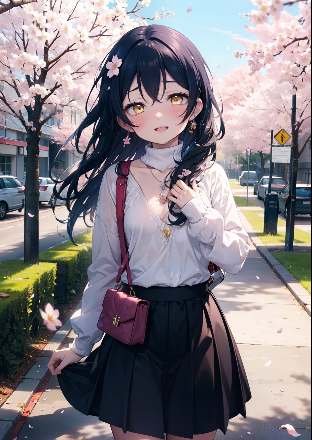 You are so kind, umi sonoda, Long Hair, Blue Hair, (Yellow Eyes:1.5) (Flat Chest:1.2),happy smile, smile, Open your mouth,Rocket Pendant,
sweater,Long skirt,Mini Boots,Cherry blossoms are blooming,Cherry blossoms are scattered,Cherry blossom tree-lined path,happy smile, smile, Open your mouth,So that the whole body goes into the illustration,smile,blush, break looking at viewer, (Cowboy Shot:1. 5) break outdoors, School　School building, break (masterpiece:1.2), highest quality, High resolution, unity 8k wallpaper, (figure:0.8), (Detailed and beautiful eyes:1.6), Highly detailed face, Perfect lighting, Extremely detailed CG, (Perfect hands, Perfect Anatomy),