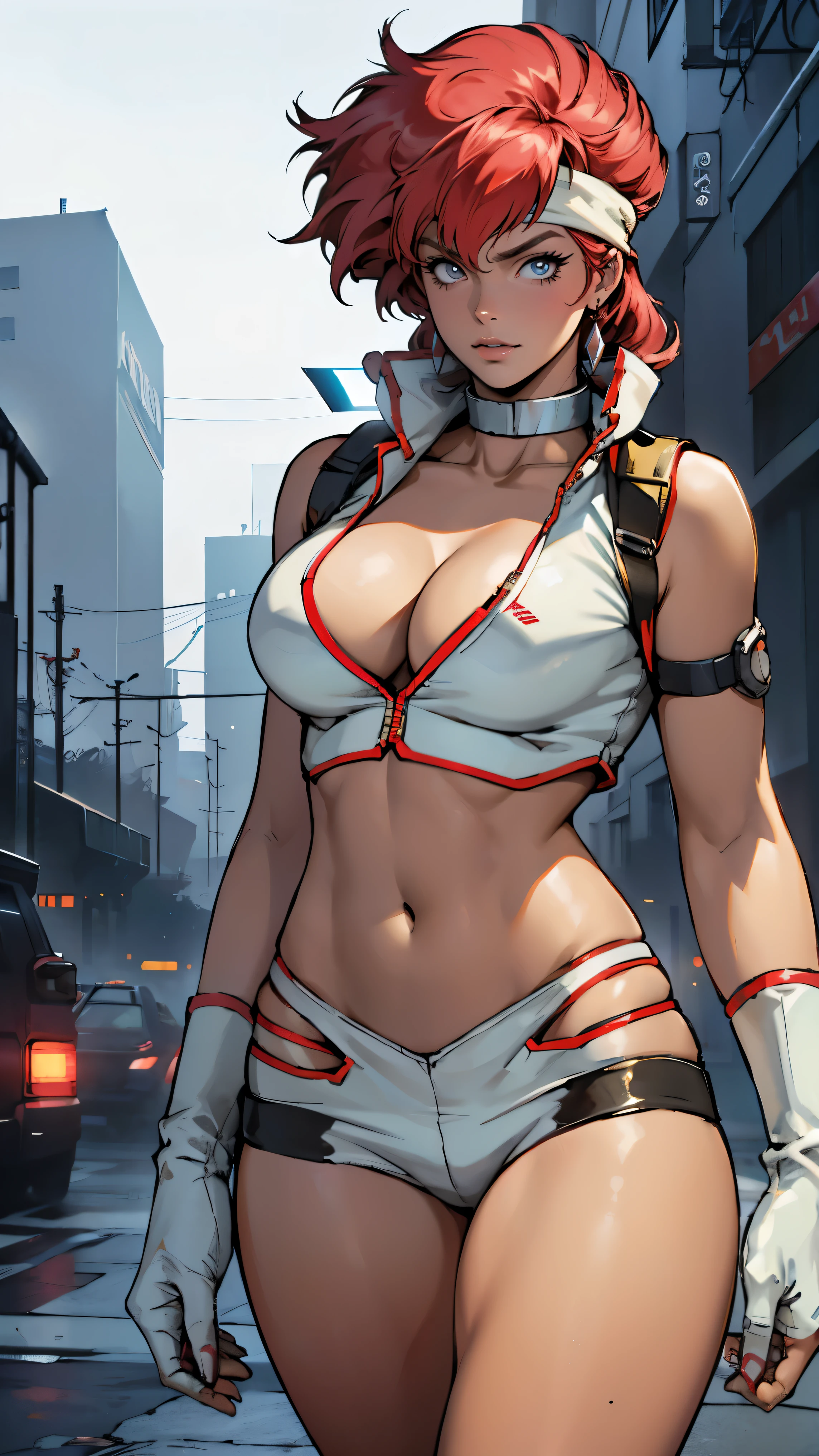 ((Masterpiece, highest quality; 1.3)), super quality, beautiful detail, super detailed, extra fine, 16K, exquisite, absurd, high resolution, beautiful background, detailed background, beautiful eyes, beautiful skin, anime style, Kay from Dirty Pair in a white outfit, tight outfit, cleavage, bushy redhead beauty, very light blue uniform, wearing tight clothes, skimpy, (mid chest: 1.2), cleavage, cleavage, , slim waist, slim thighs, thigh gap, showing stomach, skinny, thin hips, cyberpunk city background, retro space gun holding, headband,