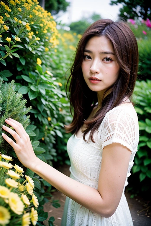 Realistic photography, Beautiful women. ,flower garden