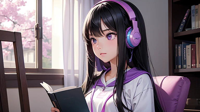 Create an image of a girl with long black hair wearing headphones. This girl must have her eyes focused on a book in a room. The colors of the environment behind this girl should include shades of purple, pink, white and blue.