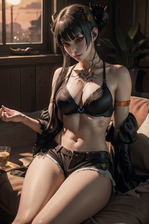 Eliza from Tekken, in a black bra with a blouse falling off her shoulders, in short shorts, sensual look, in the living room of her house relaxing, soft orange light over the environment at dusk