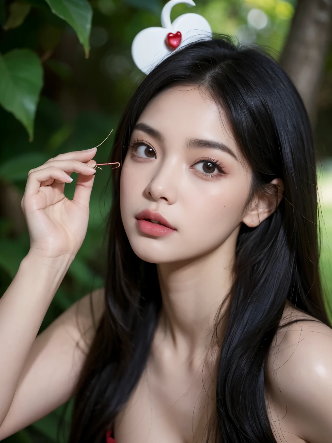 Kim jennie con el cabello negro oscuro, con rulos en las puntas del cabello negro oscuro, con un ganchito de estrella en el cabello negro oscuro, ojos de color claro, ojos bonitos, ojos llorosos, nariz bonita y respingada, labios bonitos, labios rosas, heart and cupid shaped lip, piel bonita, pale, piel blanca, con lunares y pecas en todo el rostro, rubor rosa suave en las mejilla, rubor rosa natural, maquillaje suave y rosa, jennie, cuellos bonito, cuello marcado, frown, mirada enojada, con un collar de beso, un collar bonito de beso, mientras muestra sus pechos con un brasier de conchas del mar, mientras un brasier en forma de conchas de mar, con una falda roja, mientras tiene una falda suelta de color rojo, mientras tiene el abdomen desnudo, delgado, marcado y bonito, (pechos grandes, pechos suaves, pechos bonitos, pechos naturales), mirando a la camara, autofoto