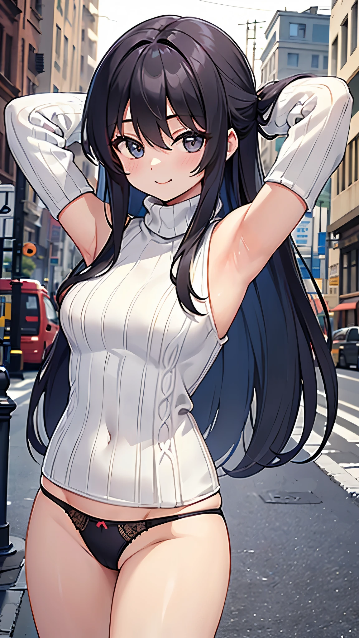 masterpiece,highest quality,High resolution,Very detailed,Asan,Long Hair,bangs,Hair between the eyes,(sweater:1.2),(turtleneck:1.2),(Panties:1.3),street,smile,Are standing,(No sleeve:1.4),arm_behind_head,arms_superior,Cowboy Shot,