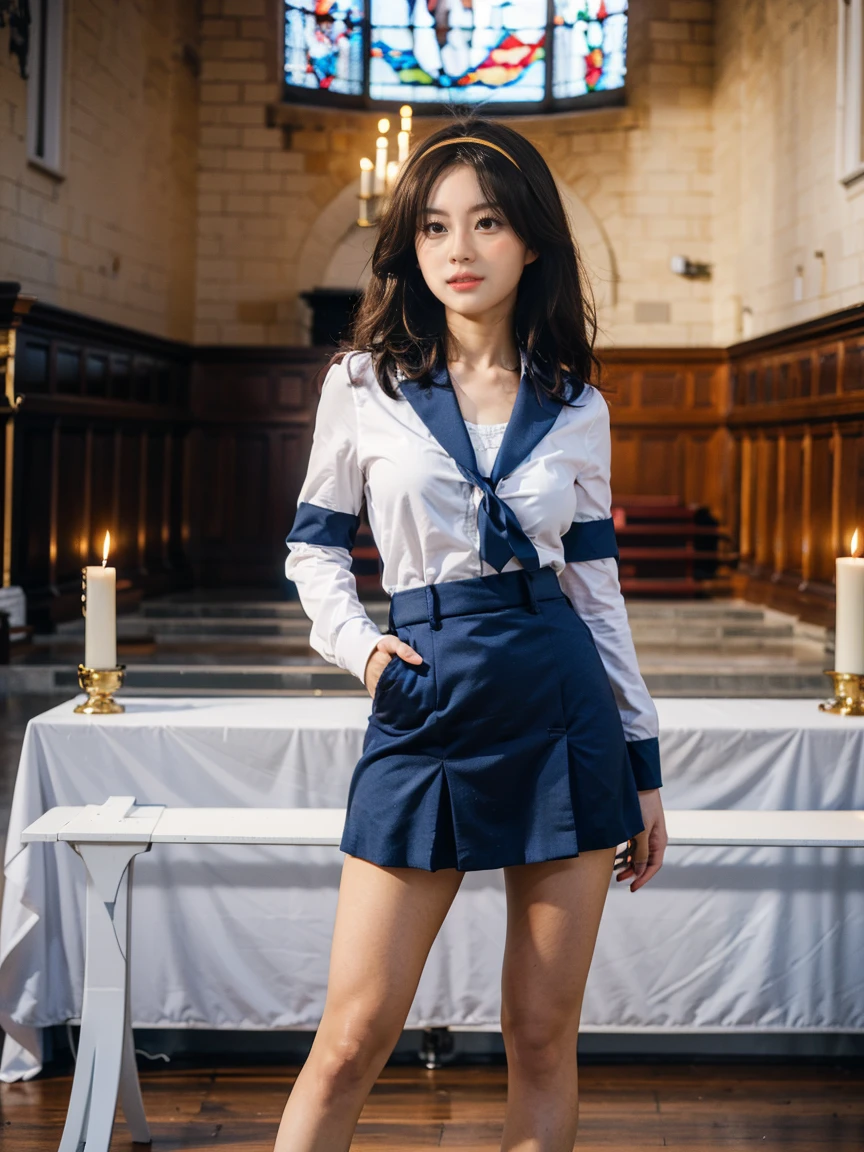 (1 lady), (Best quality at best:1.4), (ultra - detailed), (extremely detailed CG unified 16k), A Beautiful Woman with Perfect Figure: 1.4, Sharp Focus: 1.2, very detailed, High-definition RAW color photo, professional photoshooting, amazing face and eyes, cosmetics, (amazingly beautiful girl), ((suzumiya haruhi)), ((kita high sch0ol uniform, blue sailor collar, blue skirt, armband, hairband, medium hair, ribbon, socks)), standing posture, (Dark and stylish cathedral, stained glass, altar, before the altar, candle lights, candle lights:1.3), (look from down), realistic cinematic face, head to feet long wide zoomed out view, full body long view, photorealistic, ((realistic natural caramel brown hair style, brown eyes)), gorgeous, extremely beautiful face, perfect model beauty, pout mouth, Highly Detailed Face and Skin Texture, Detailed Eyes, Double Eyelids, Medium Breasts, joy expression, joyful face, cleavages, western, (masterpiece), best quality, high resolution, extremely detailed, depth of field, cinematic lighting, amazing legs, high heels, clear and well-cared skin
