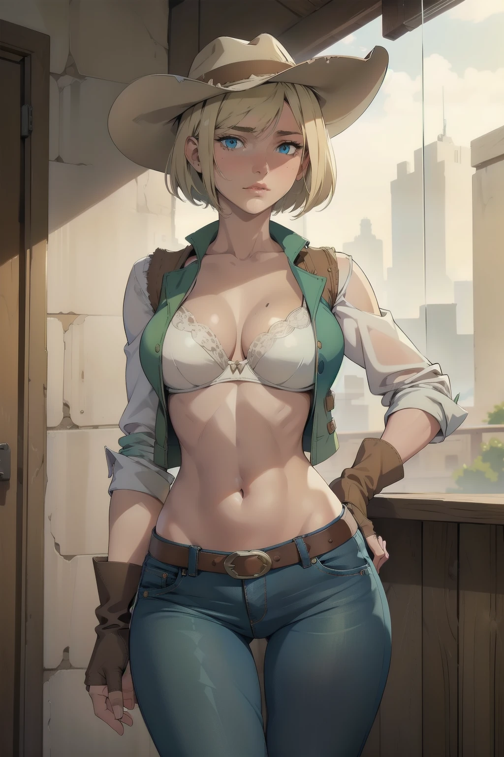 1girl, cowboy hat, beautiful face, white bra, green vest, no sleeve, navel, blue jeans, brown boots, fingerless gloves, short hair, blonde hair, parted bangs, blue eyes, mole under right eye, American old west, best quality, masterpiece, sensual but confident pose, thigh gap