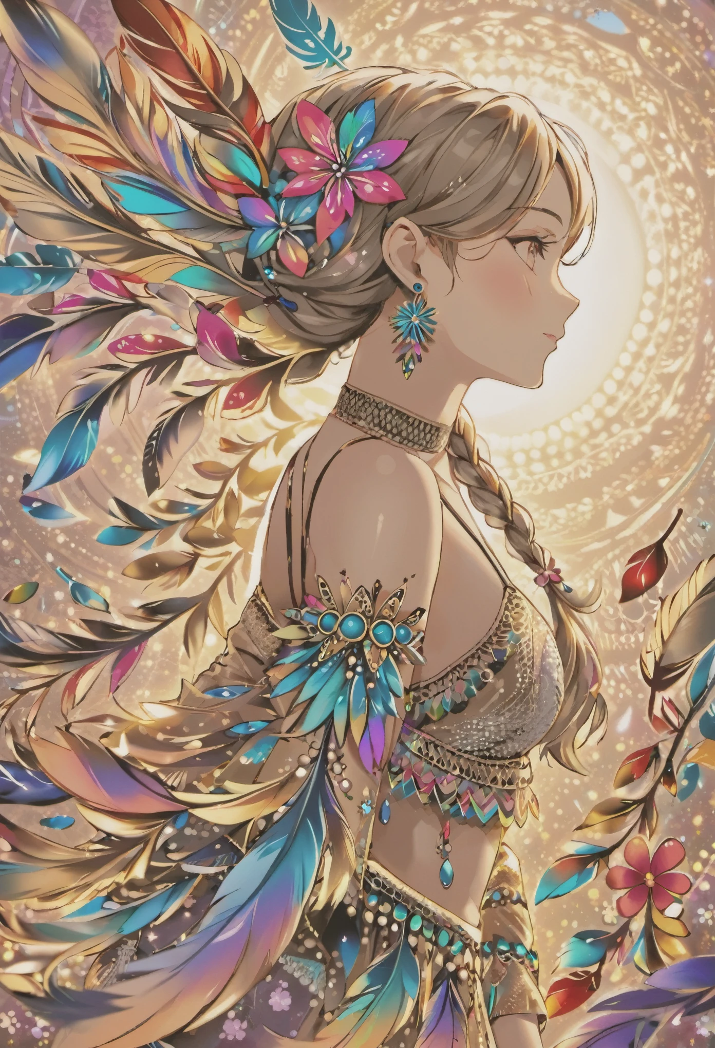 (masterpiece, top quality, Best quality, official art, beautiful and aesthetically pleasing:1.2), (1 girl, mature:1.3, got old:1.3), long hair, braid sidelocks, Extremely detailed,(fractal art:1.1),(colorful:1.4)(flowers:1.3),The most detailed,(zentangle:1.2), (dynamic pose), (abstract background:1.3), (shiny skin), (many colors:1.4),(earrings:1.4), (feathers:1.4), cowboy shot