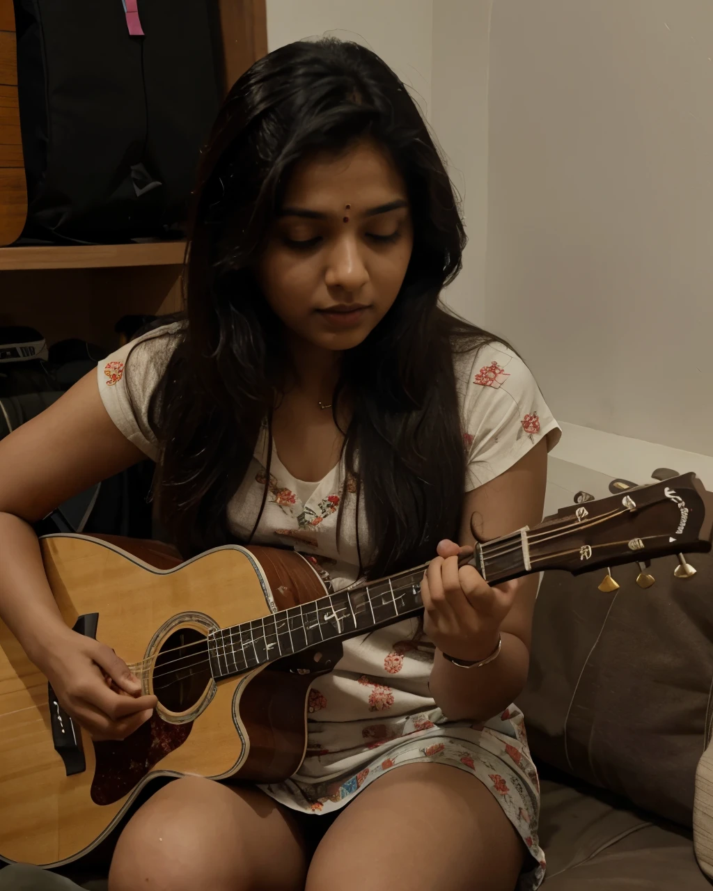Tanvi casually playing a guitar. Realistic, best quality image.