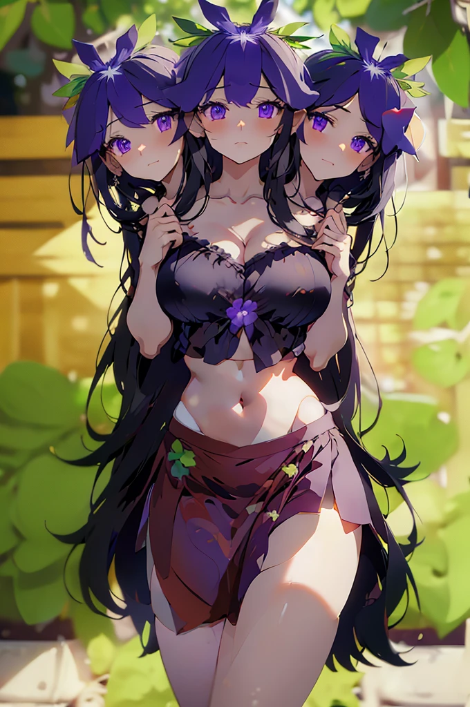 (masterpiece, best quality), best quality, best resolution, (ultra-detailed), (3heads:1.5), 1girl, (hisami yomotsu:1.3), masterpiece, best quality, ultra quality, ultra resolution, ultra detail, purple top, crop top, ((stomach)), midriff, ((groin)), purple skirt, normal ears, shackles, jet-black hair, very long hair, wavy hair, sidelocks, purple eyes, very detailed eyes, parted lips, open belly, sweat, cute, toned belly, hand on own chest, eyelashes, (25 year old woman:1.3), (masterpiece:1.5), (best quality:1.5), (beautiful detailed), extremely detailed CG, extremely delicate and beautiful, depth of field, (finely detailed face), (perfect details:1.2), (mature female:1.3), wide pelvis, slender, large veiny breast, 16k resolution, highres very high quality, very high definition, extremely detailed, masterpiece, jet-black hair, long hair, alluring presence, braid, short skirt, close up, big tits, young, NSFW,