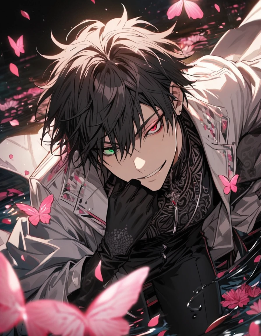 Ultra detailed, Highres, absurdres, Yamada Ichiro, black hair, heterochromia, left eye is green, right eye is red, white long coat with patterns, hypnosis mic, pink flowers, petals, extremely handsome, sexy man, solo, very detailed eyes and face, black gloves, water, black pants, pink butterflies, black tight t-shirt, smirk