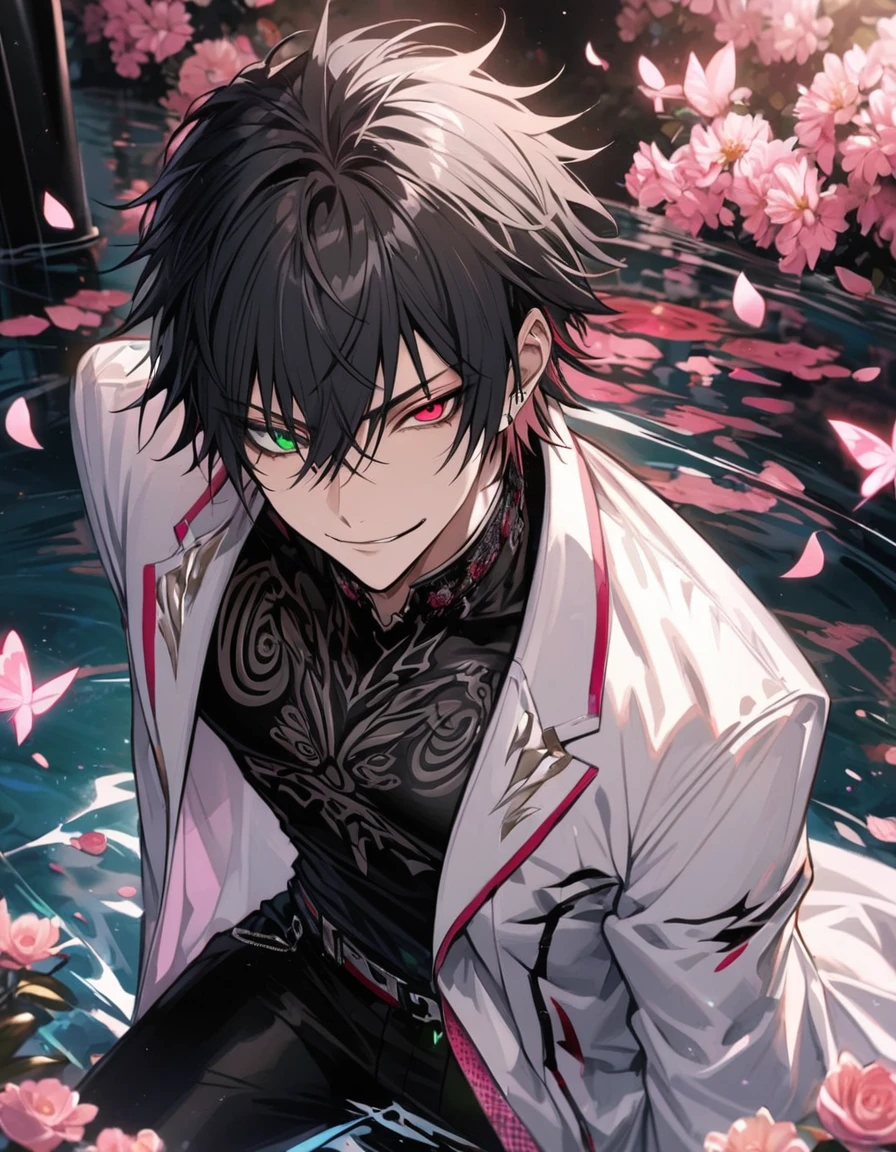 Ultra detailed, Highres, absurdres, Yamada Ichiro, black hair, heterochromia, left eye is green, right eye is red, white long coat with patterns, hypnosis mic, pink flowers, petals, extremely handsome, sexy man, solo, very detailed eyes and face, black gloves, water, black pants, pink butterflies, black tight t-shirt, smirk