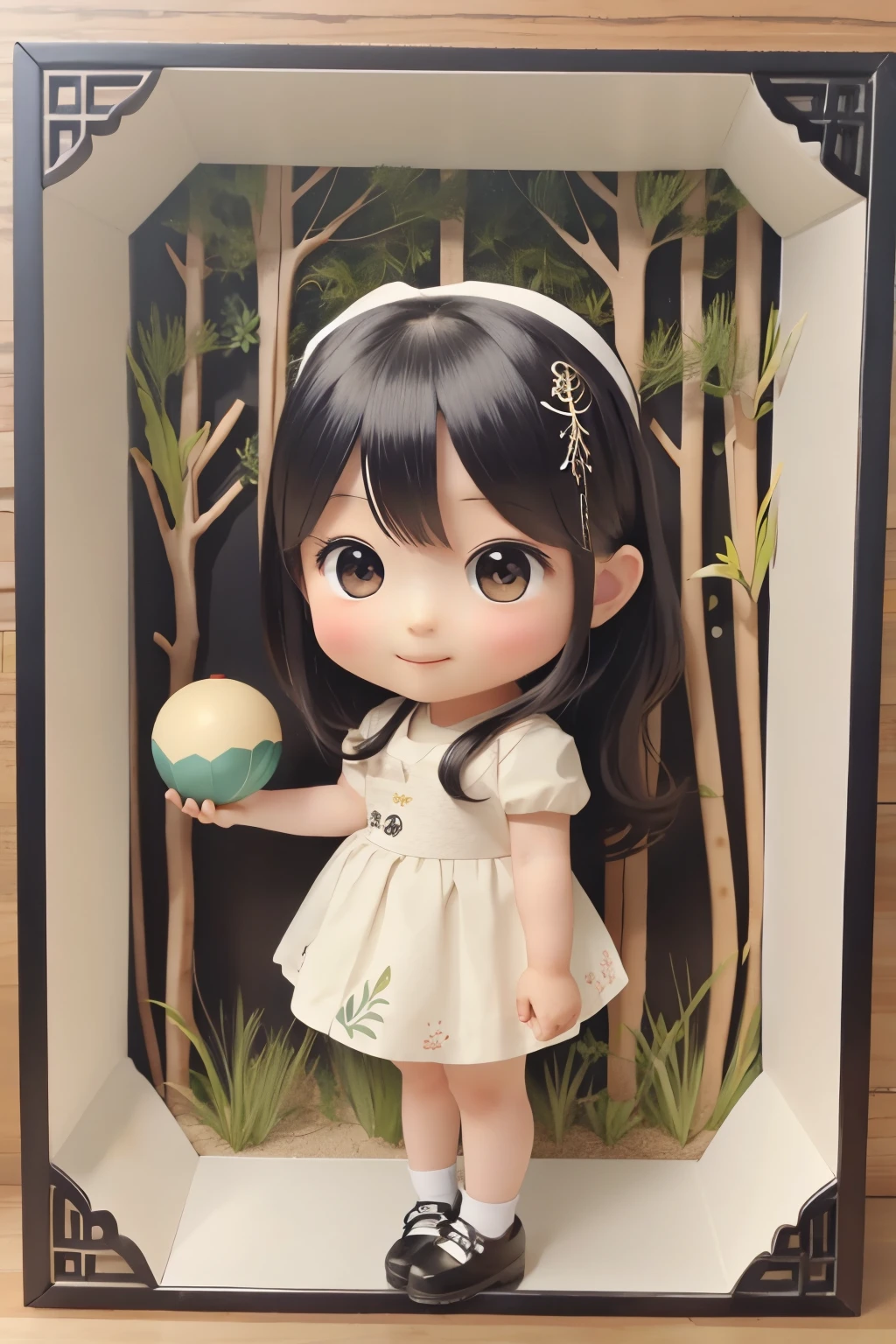 ()Please express the content as a chibi girl.(PAPERCUT、forest、ball)