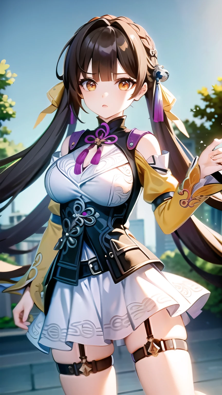 (8k,  RAW photo, best quality, masterpiece:1.2,ultra-detailed, official art, unity 8k wallpaper), 1girl,  SushangV4,  solo, long hair,  large breasts, hair ornament, long sleeves, dress, cleavage, bare shoulders, closed mouth, holding long sword, braid, chinese clothes,(outdoors, ancient Chinese architecture :1.5),rendered in blender((isometric)),